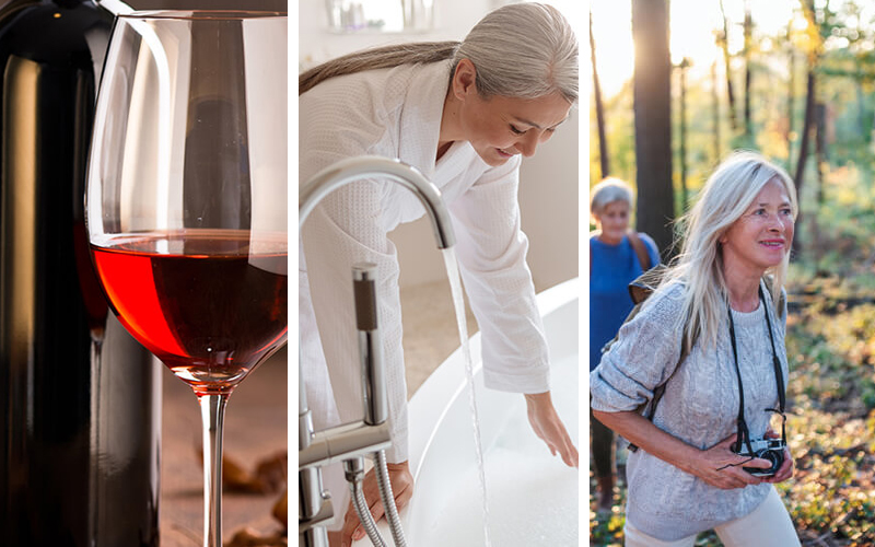 A collage of a glass of wine, a woman preparing the bath tub and 2 women walking in the woods